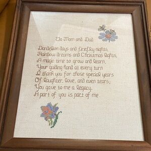To Mom & Dad Cross Stitch Poem
Crewel Framed Picture Vintage 17” x 13.5”